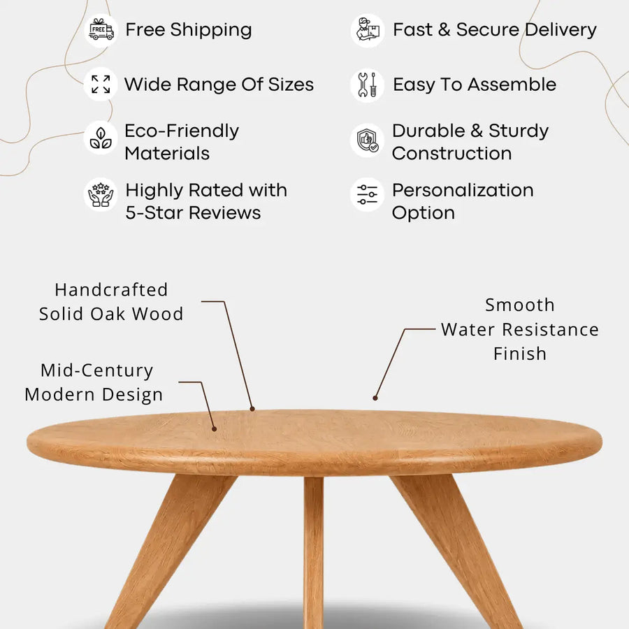 Petra Solid Oak Wood Round Coffee Table – Handcrafted Mid-Century Modern Mozilya