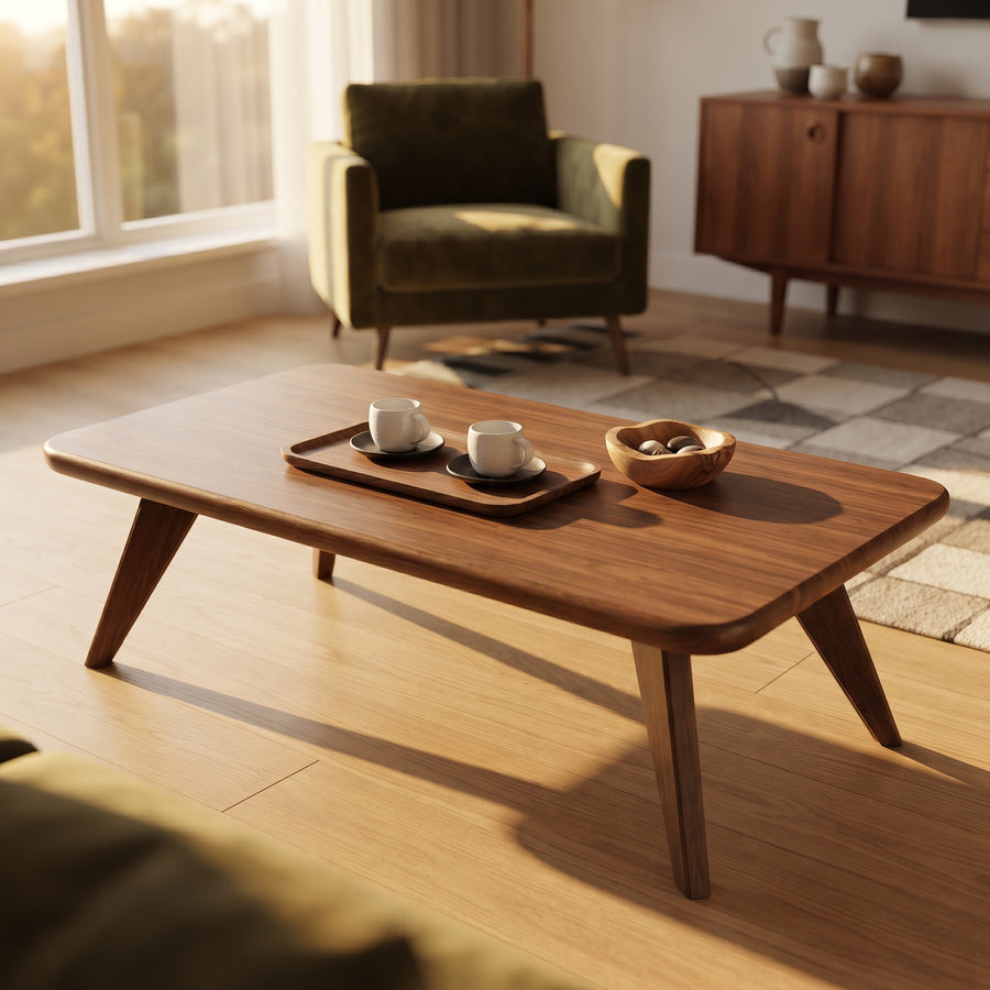 Petra Rectangular Walnut Wood Coffee Table | Mid-Century Modern