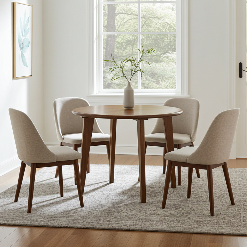 Petra Round Wood Dining Room Table | Walnut Wood Mid Century Design with four upholstered chairs in a bright, modern dining room setting with a window and light-colored rug.