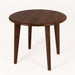 Close-up of the walnut wood grain texture on the round tabletop, emphasizing its craftsmanship.