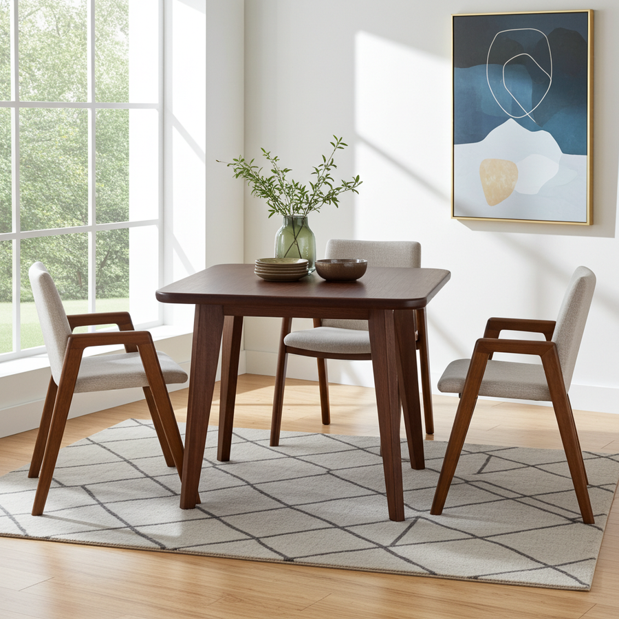 Petra Square Wood Dining Table | Walnut Wood Mid Century Design  featuring a dark brown wooden table and four matching armchairs with light beige upholstered seats, styled on a gray geometric rug in a bright, sunlit room.