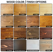 Multiple wood finishes, including teak, chestnut, cherry, walnut, oak, natural, espresso, mahogany, wenge, honey, grey, and weathered black, showcasing its solid pine wood texture.