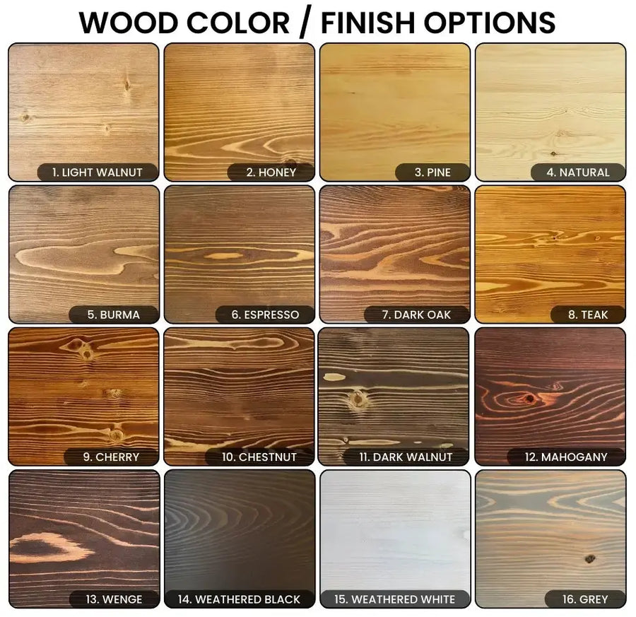Multiple wood finishes, including teak, chestnut, cherry, walnut, oak, natural, espresso, mahogany, wenge, honey, grey, and weathered black, showcasing its solid pine wood texture.