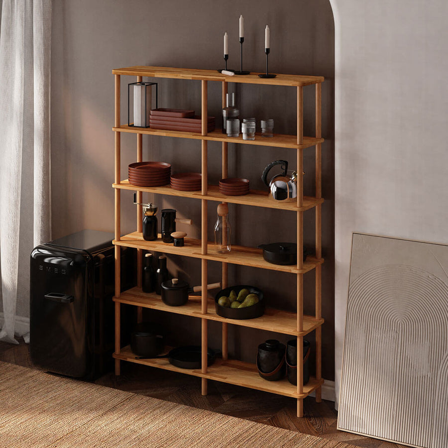 Rear view of the natural wood bookcase, demonstrating its clean lines and stable construction.