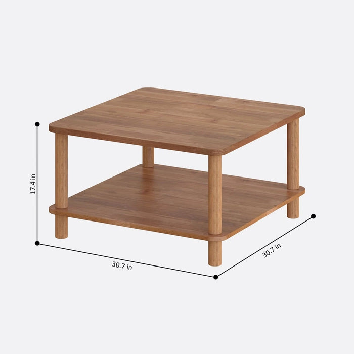 Solid wood coffee table with dimensions on a white background.