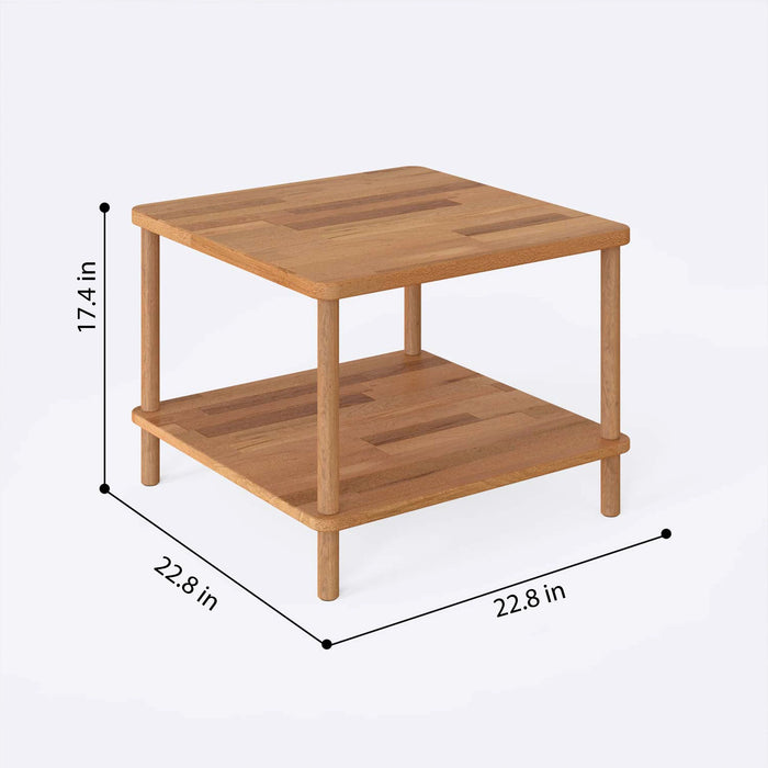 Small size solid wood coffee table with a storage shelf and easy assembly instructions.