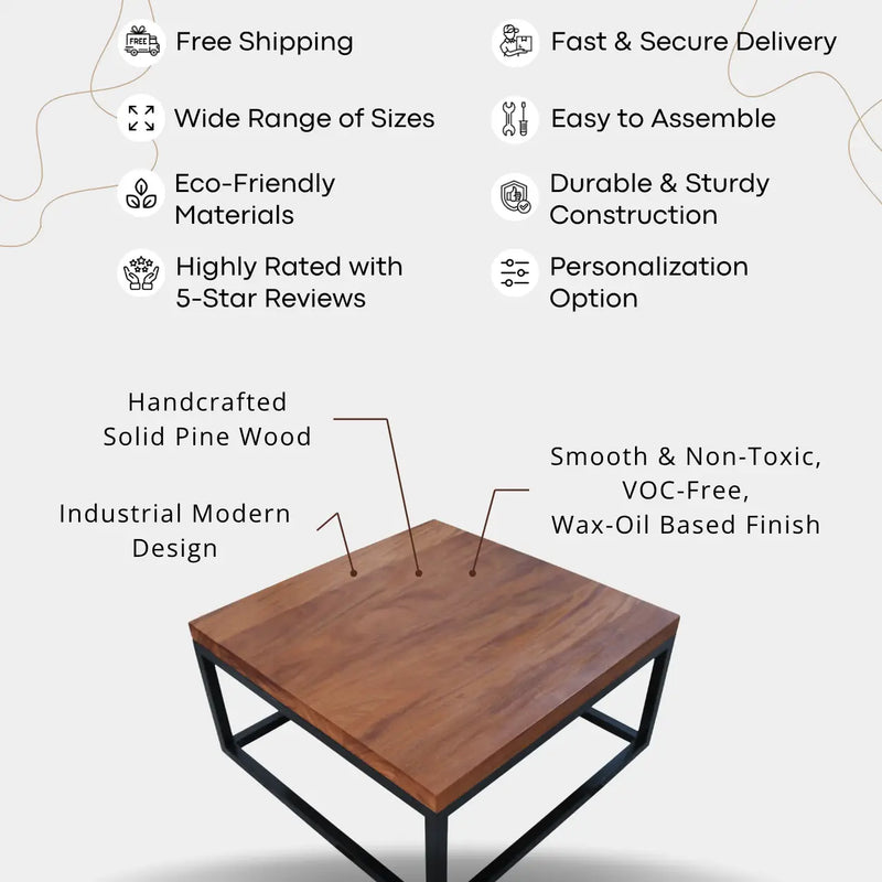 Renton Square Wooden Coffee Table - Pine Wood - Large Size