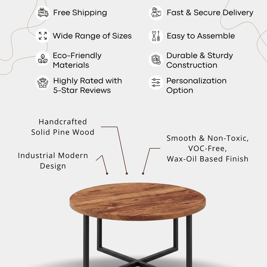 Renton Round Pine Wood Coffee Table | Industrial Metal Base
