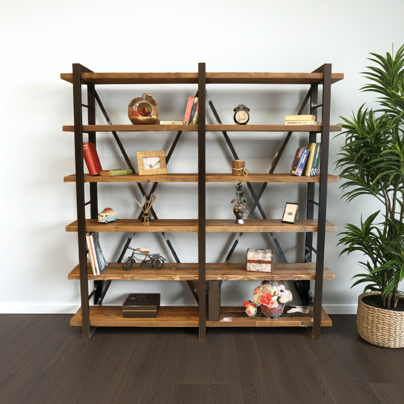 Renton Industrial Bookcase | Solid Wood Wide Shelves