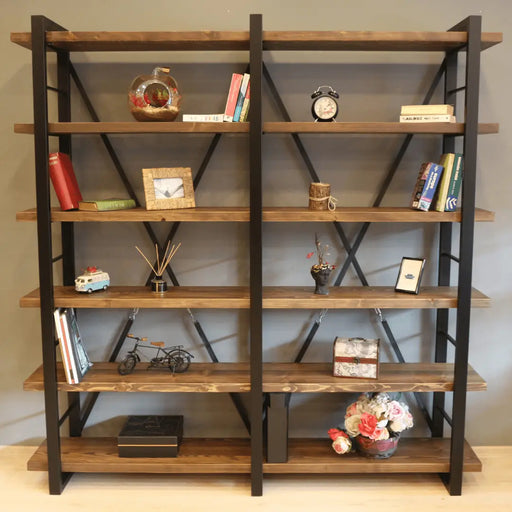 Front view of the Renton Industrial Bookcase showcasing its solid wood and metal frame, designed with wide shelves for versatile storage.