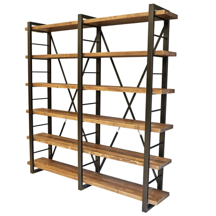 Top-down view of the Renton Industrial Bookcase showing its solid wood construction and industrial-style metal supports