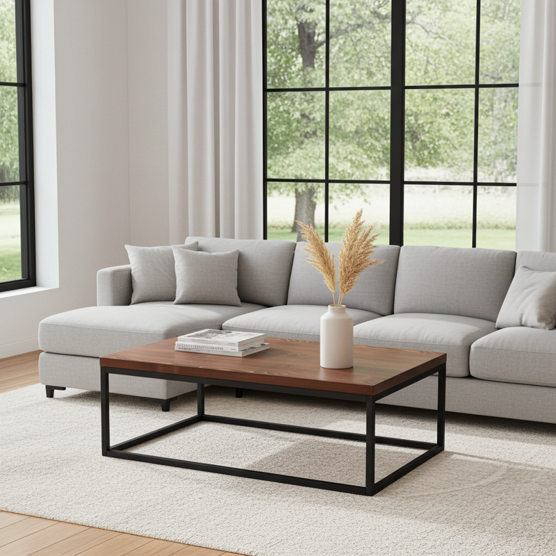 Renton Rectangular Coffee Table with a dark wood top and black metal frame, styled with a white vase containing dried grass stems and a stack of books.