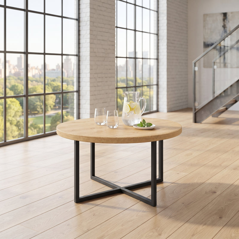 Renton Round Pine Wood Coffee Table | Industrial Metal Base