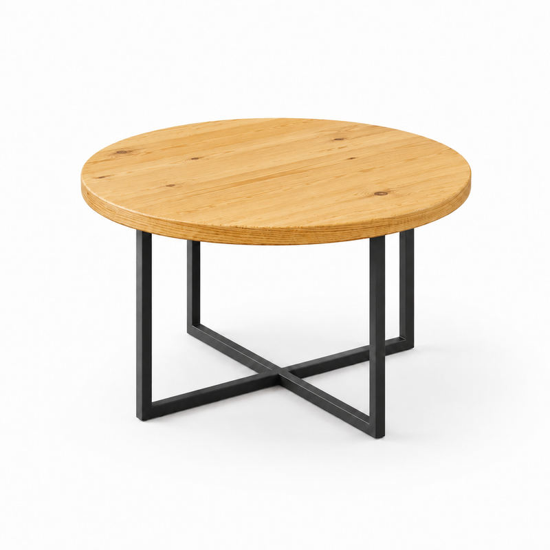 Renton Round Pine Wood Coffee Table | Industrial Metal Base