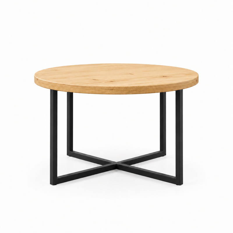 Renton Round Pine Wood Coffee Table | Industrial Metal Base