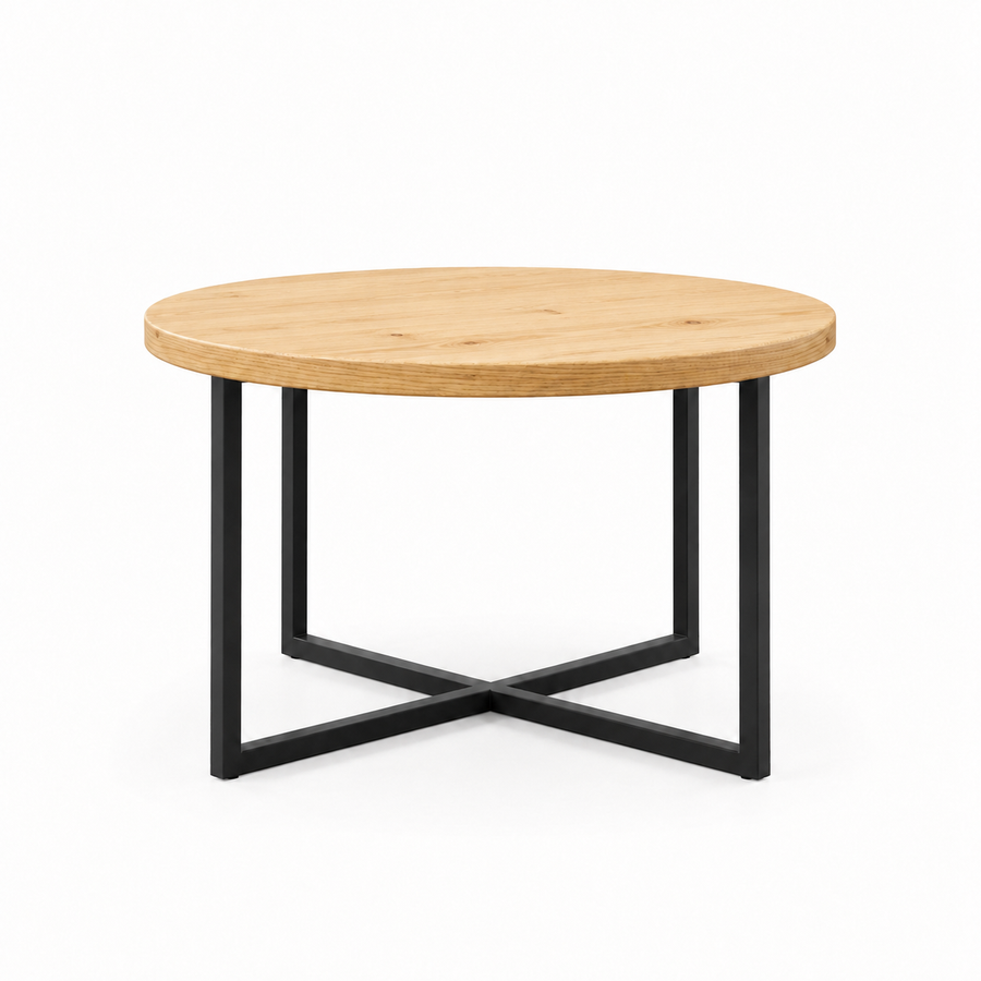 Renton Round Pine Wood Coffee Table | Industrial Metal Base