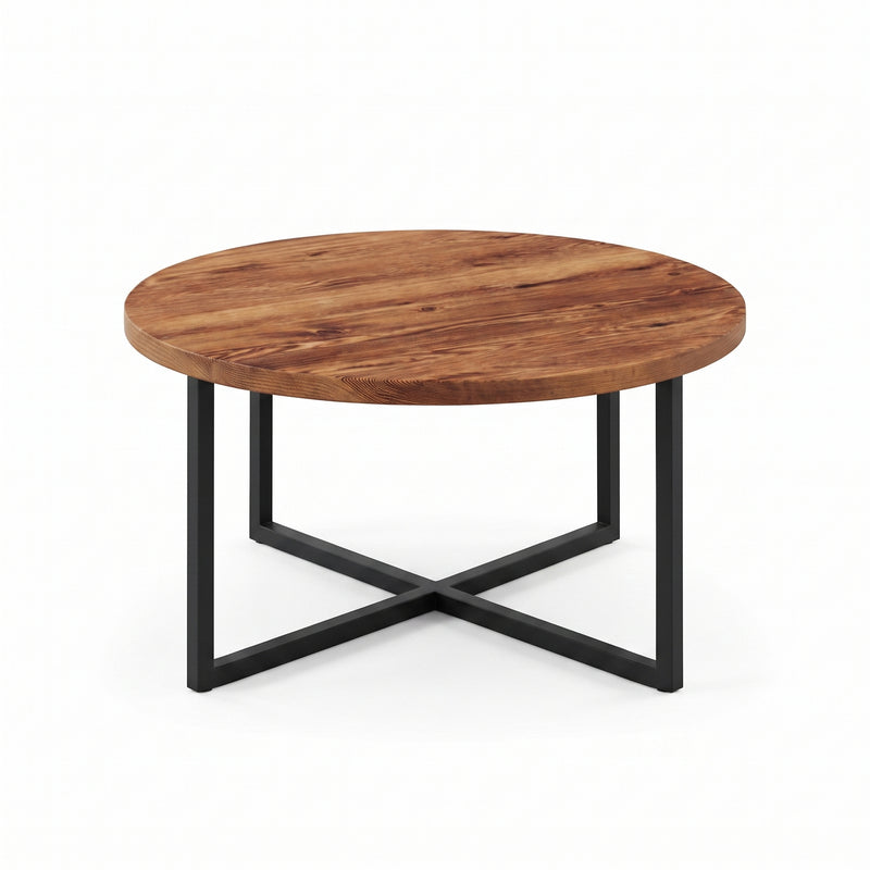 Renton Round Pine Wood Coffee Table | Industrial Metal Base