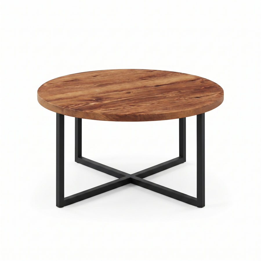 Renton Round Pine Wood Coffee Table | Industrial Metal Base