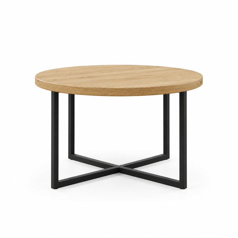 Renton Round Pine Wood Coffee Table | Industrial Metal Base