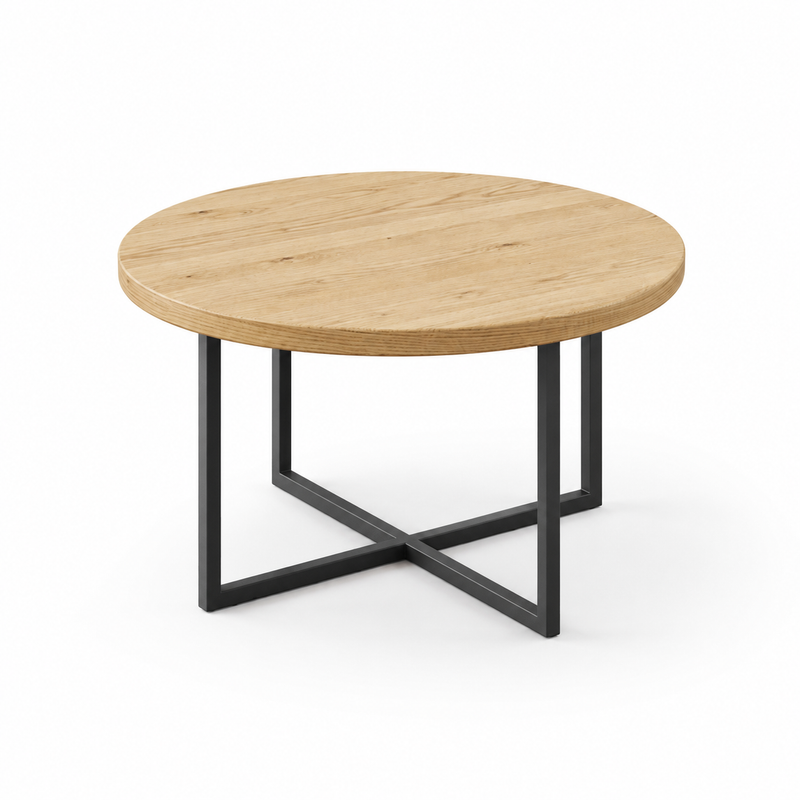 Renton Round Pine Wood Coffee Table | Industrial Metal Base