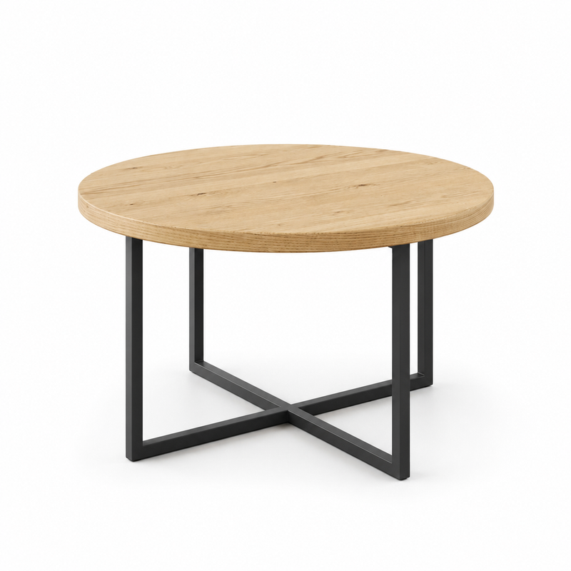 Renton Round Pine Wood Coffee Table | Industrial Metal Base