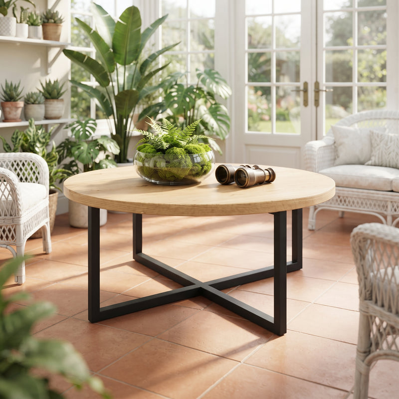 Renton Round Pine Wood Coffee Table | Industrial Metal Base