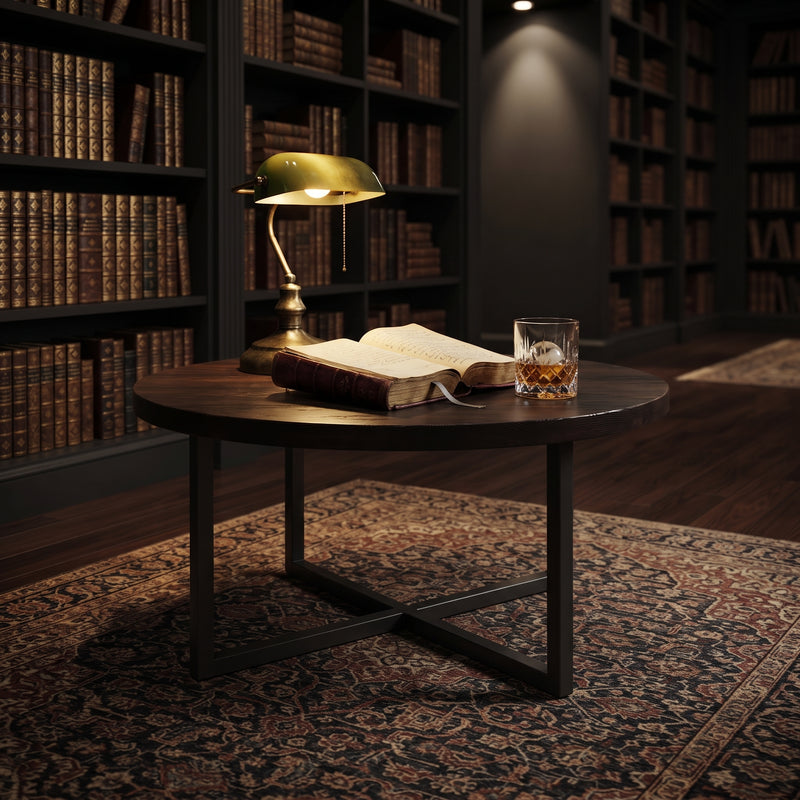 Renton Round Pine Wood Coffee Table | Industrial Metal Base
