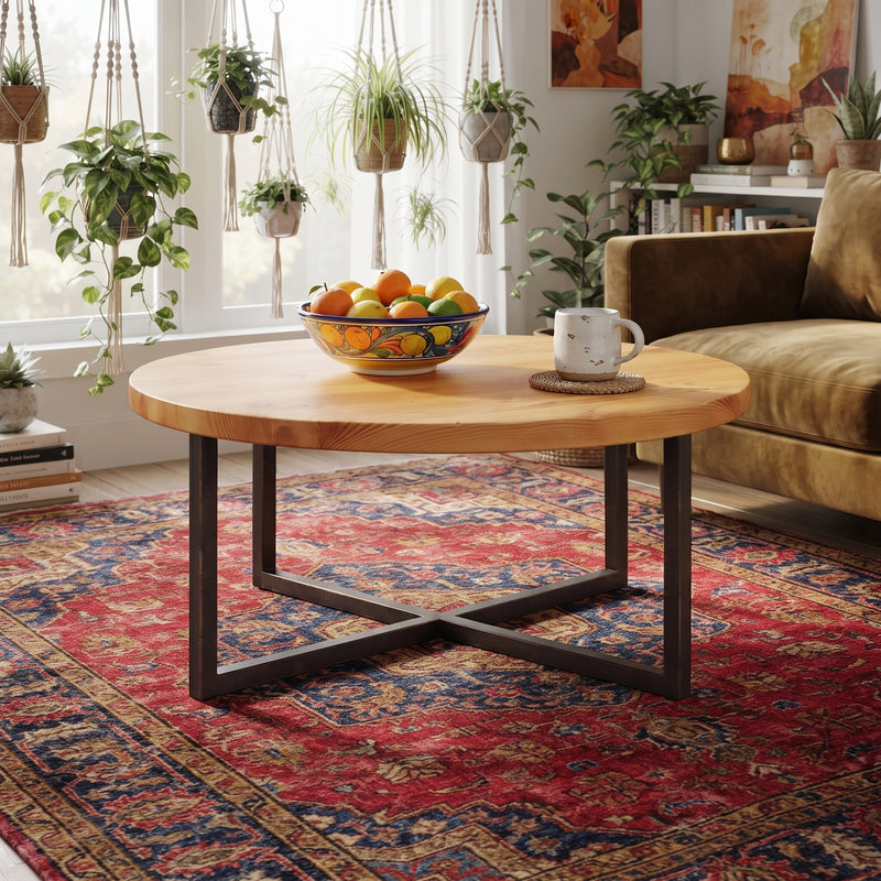 Renton Round Pine Wood Coffee Table | Industrial Metal Base