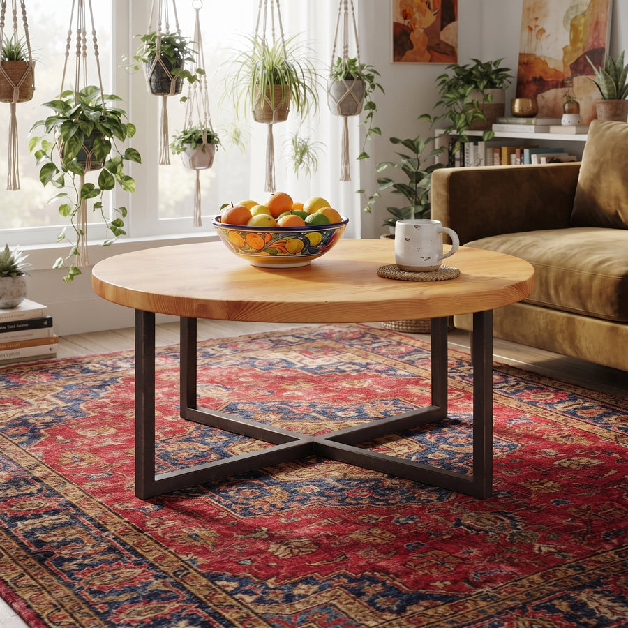 Renton Round Pine Wood Coffee Table | Industrial Metal Base