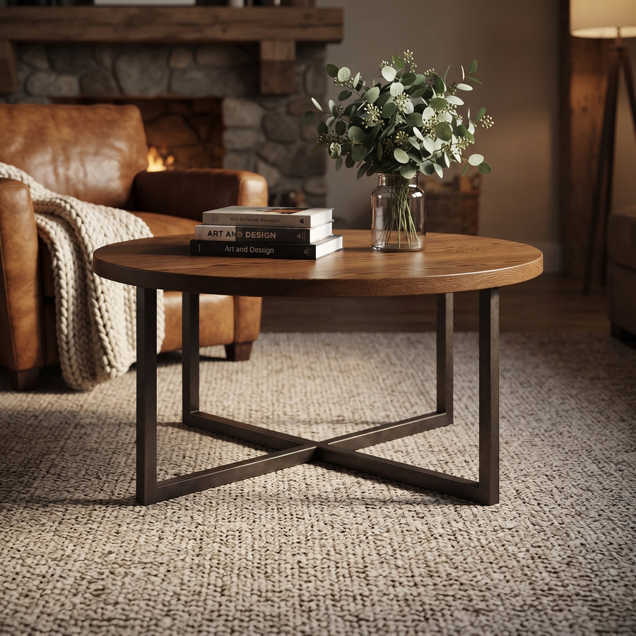 Renton Round Pine Wood Coffee Table | Industrial Metal Base