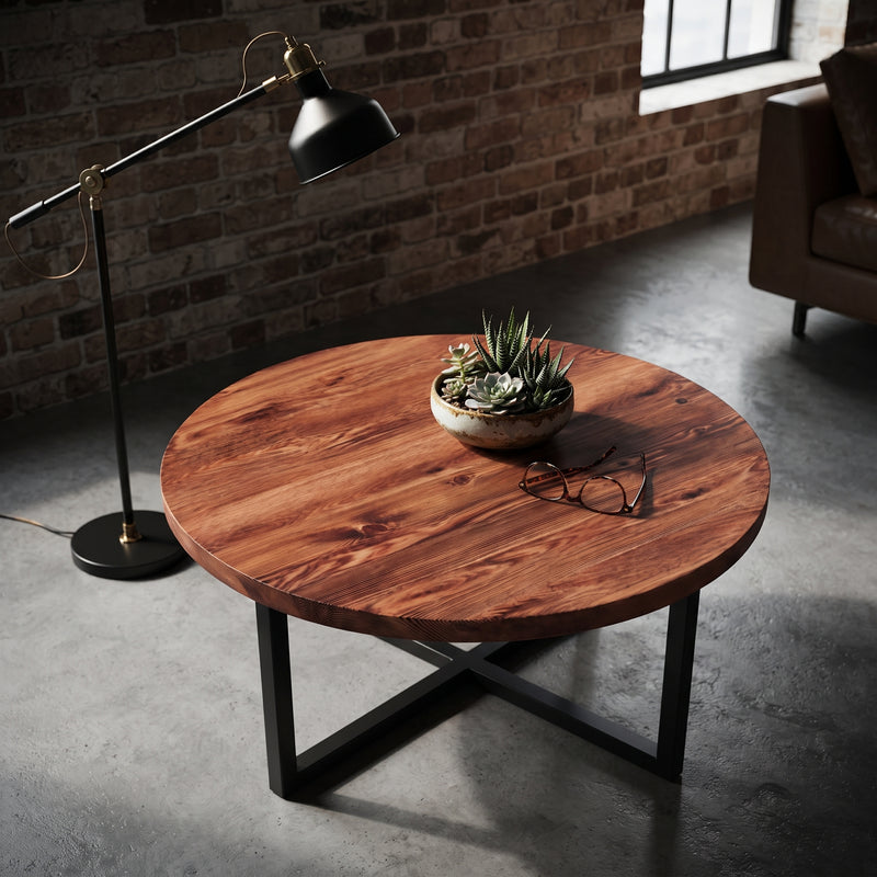 Renton Round Pine Wood Coffee Table | Industrial Metal Base