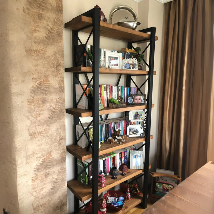 Renton Rustic Bookshelf placed in a cozy room, blending seamlessly with industrial and rustic decor styles.