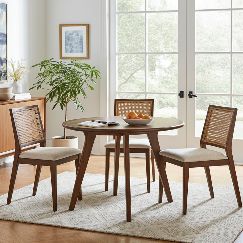 Sidney Circular Walnut Dining Table | Mid Century Modern  with three matching chairs featuring woven cane backs and cream upholstered seats, styled in a bright, modern dining room with large windows and a potted plant.
