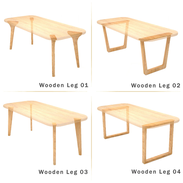 Close-up o showcasing four types of leg designs: tapered, straight, cross-braced, and trestle-style, all crafted with precision workmanship.