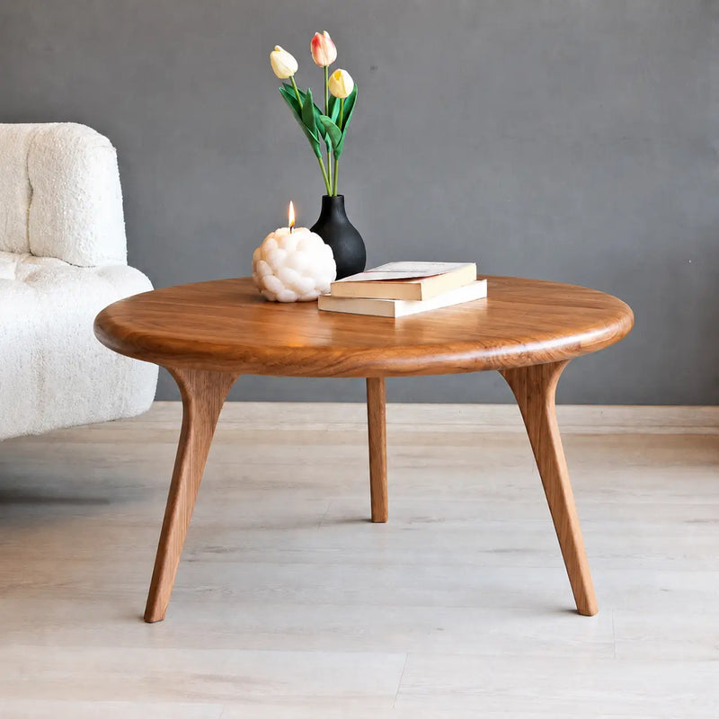 Sidney Solid Oak Wood Round Coffee Table - Handcrafted Mid-Century Design