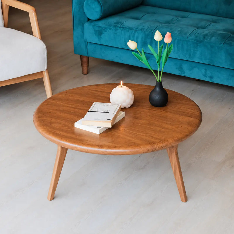 Sidney Solid Oak Wood Round Coffee Table - Handcrafted Mid-Century Design