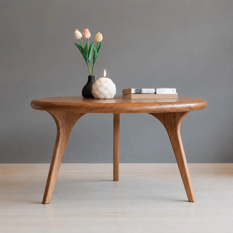 Sidney Solid Oak Wood Round Coffee Table - Handcrafted Mid-Century Design