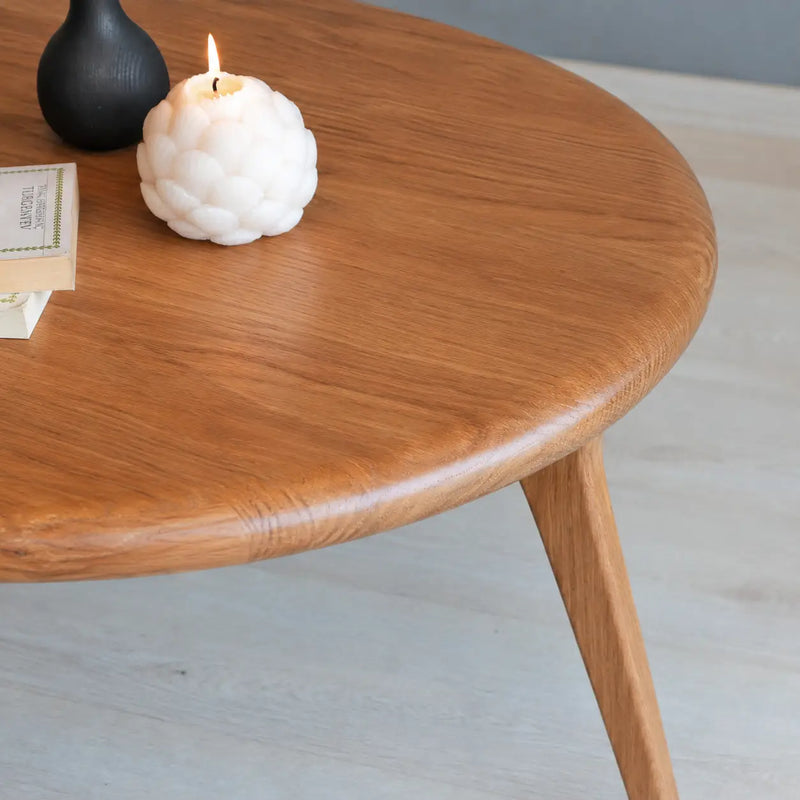 Sidney Solid Oak Wood Round Coffee Table - Handcrafted Mid-Century Design
