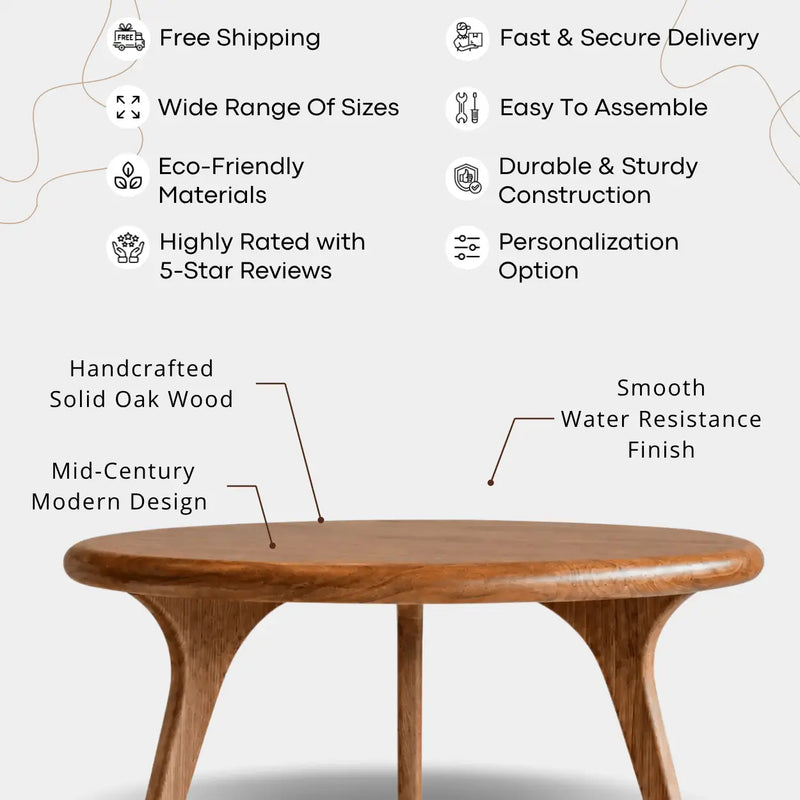Sidney Solid Oak Wood Round Coffee Table - Handcrafted Mid-Century Design