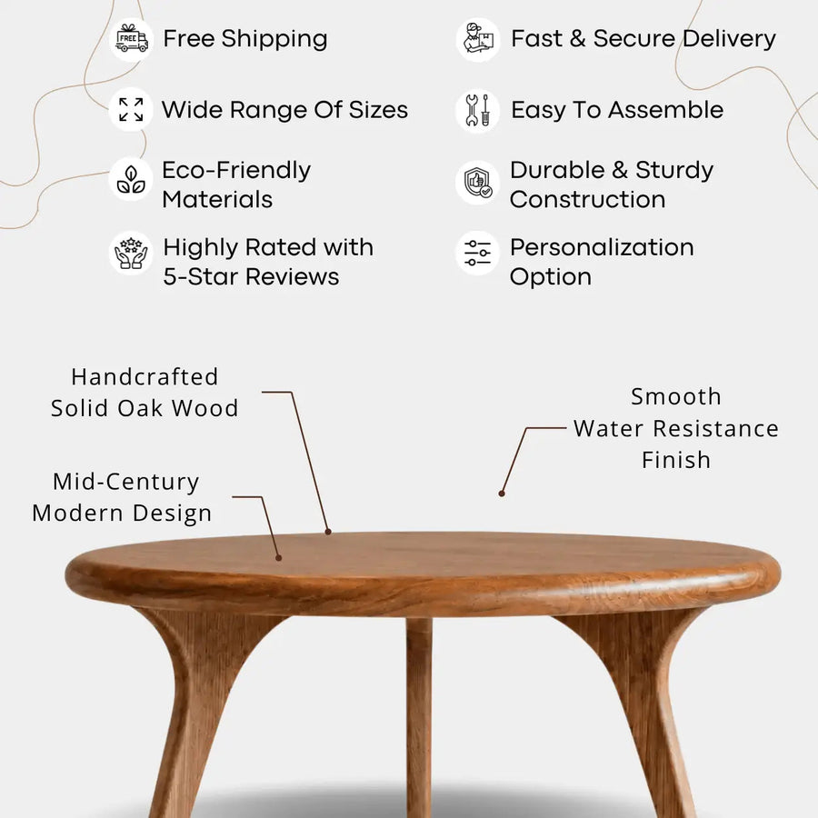 Sidney Solid Oak Wood Round Coffee Table - Handcrafted Mid-Century Design Mozilya