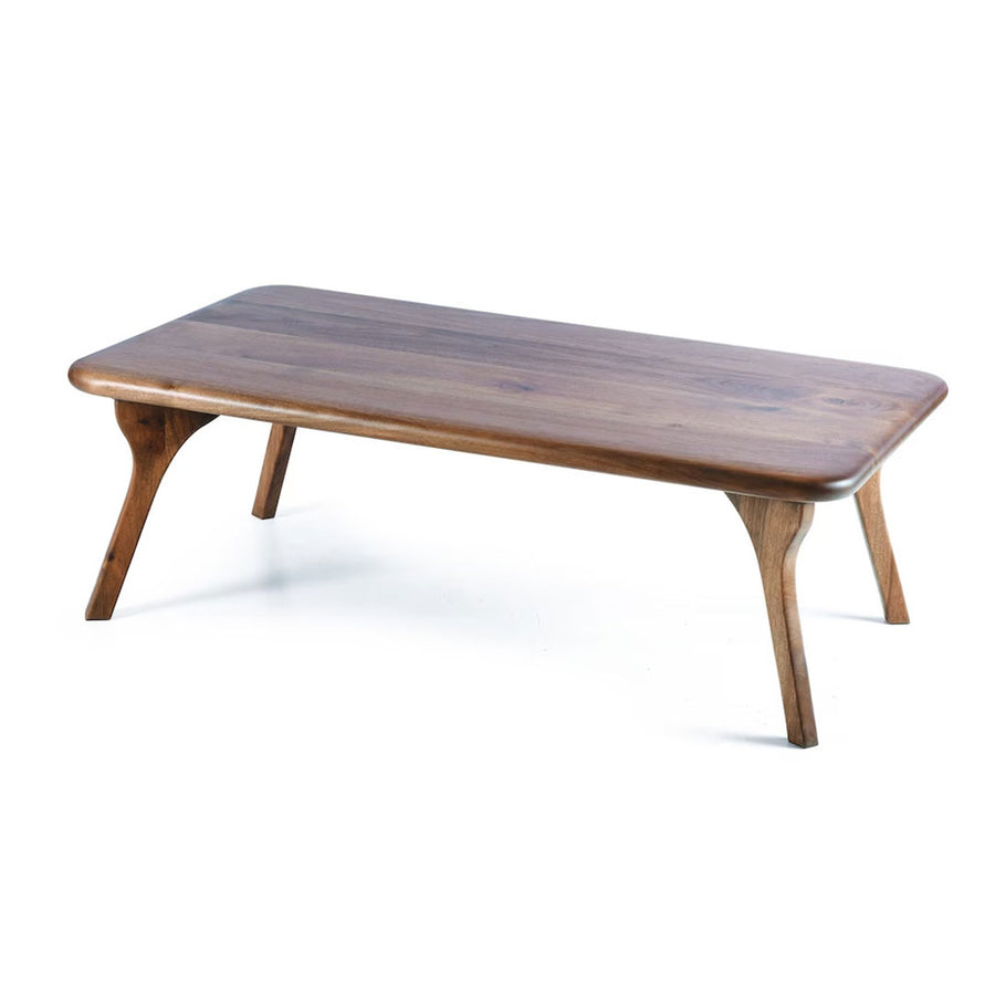 Sidney Rectangular Cocktail Table made of solid walnut wood, featuring a mid-century modern design with clean lines and a rich wood finish side view with white background
