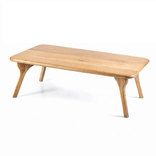 Sidney Rectangular Coffee Table Solid Oak Wood – Mid-Century Modern Design with a light natural oak finish, featuring rounded corners and four tapered legs, shown on a white background.