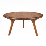 Sidney Round Coffee Table - Solid Walnut Wood - Mid Century Modern Design with a rich brown wood grain finish and curved splayed legs, shown on a solid white background.