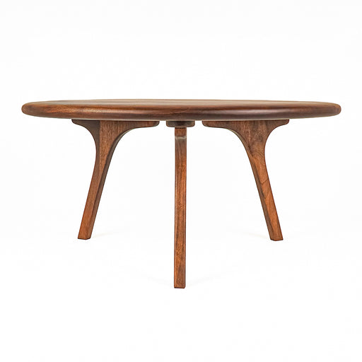 Sidney Round Coffee Table - Solid Walnut Wood - Mid Century Modern Designwith a rounded oval top and three sculptural curved legs, shown on a solid white background.