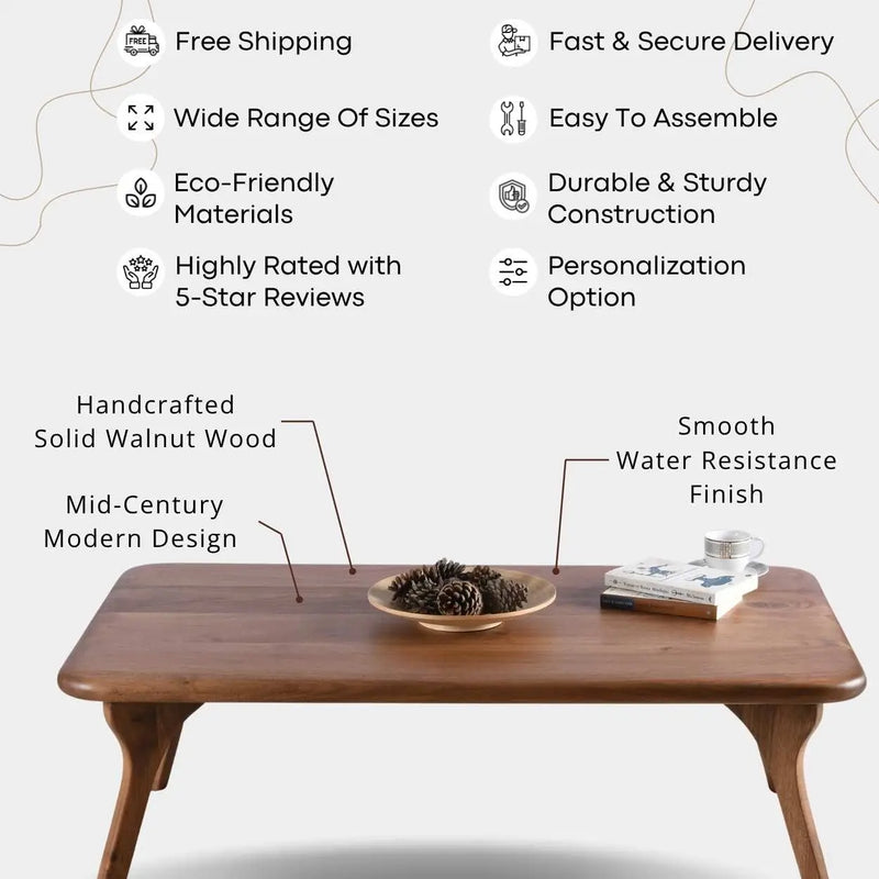 Sidney Rectangular Cocktail Table - Solid Walnut Wood - Mid Century Modern Design