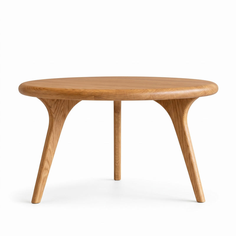 Sidney Solid Oak Wood Round Coffee Tablewith a natural oak finish, featuring a thick round tabletop and three curved, tapered legs, shown on a solid white background.