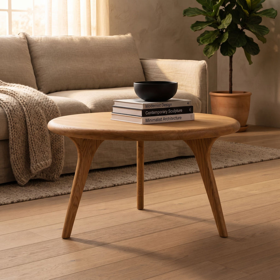 Sidney Solid Oak Wood Round Coffee Table with three tapered legs, styled in a warm living room setting with a beige sofa, books, and a black bowl on top.