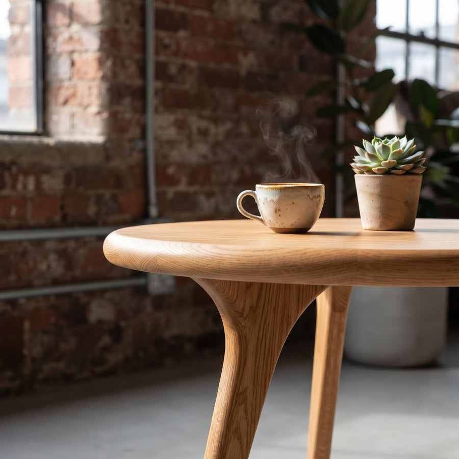 Sidney Solid Oak Wood Round Coffee Table in a loft setting with a brick wall background, featuring a ceramic coffee cup with steam and a small potted succulent on its surface.