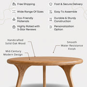 Sidney Solid Oak Wood Round Coffee Table with three curved legs, shown on a light gray background with feature callouts and text describing its handcrafted solid oak wood, mid-century modern design, and smooth water resistance finish.
