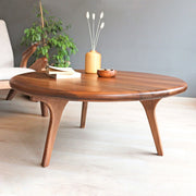 Front top view of the Sidney Solid Wood Mid-Century Round Coffee Table in walnut wood, showcasing beautiful wood grain and rounded edges, adorned with tasteful decor items on the tabletop.